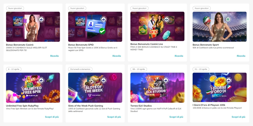 Interfaccia della sezione promozioni di un casinò online che mostra varie offerte bonus